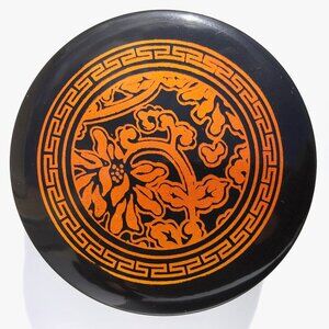 black lacquer trinket box Asian floral geometric round with lid orange jewelry
